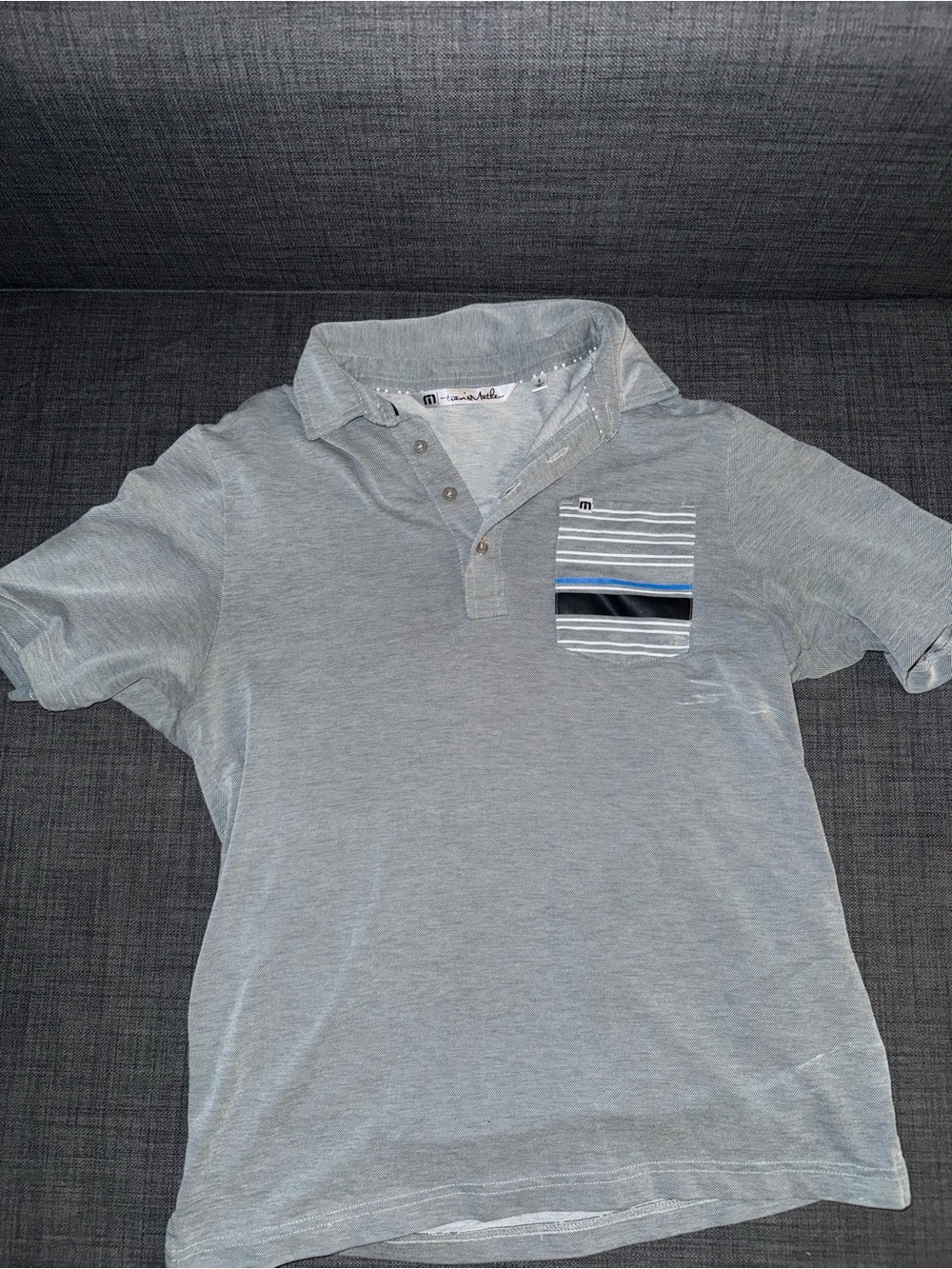 Travis Mathew Light Gray Polo with Striped Chest Pocket